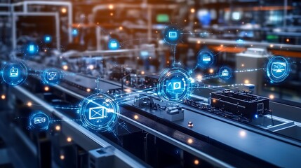 Poster - Smart factory automation with digital overlay showing data flow and interconnected systems.