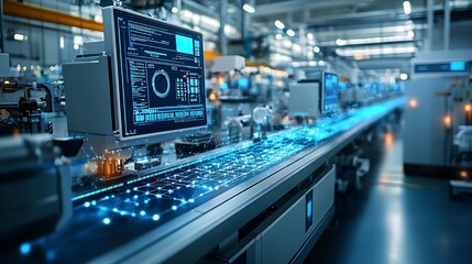 Poster - Smart factory automation system with digital overlay on a conveyor belt.
