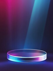 Sticker - A round glass podium set against a gradient background, a vector illustration in a colorful, minimalist style with blue and purple tones.