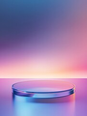 Sticker - A round glass podium set against a gradient background, a vector illustration in a colorful, minimalist style with blue and purple tones.