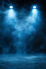 Wall Mural - Dark blue background with three spotlights on the wall, concrete floor, and smoke in front of it. The stage is empty and has no objects or products. 