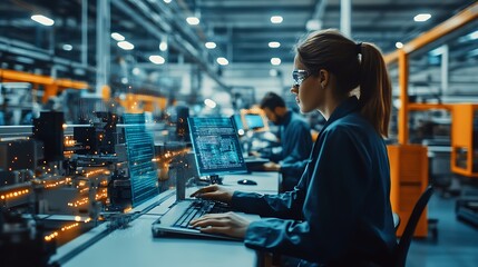 Poster - Female engineer working on computer in industrial factory with digital overlay.