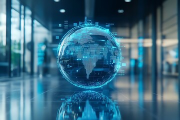 Poster - Futuristic digital globe with data visualization in a modern office setting.