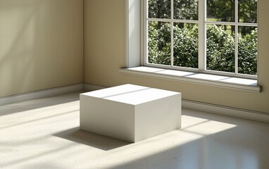Aufkleber - White cube display on light floor near window.