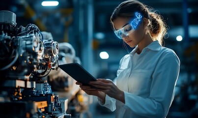 Poster - Female engineer uses AR glasses and tablet to monitor industrial machinery in a factory.