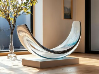 Poster - A tranquil glass sculpture emphasizing smooth curves and flowing forms modern living room art installation contemporary atmosphere eye-level view inviting aesthetic