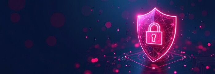 Poster - Glowing padlock inside shield protecting digital data and information
