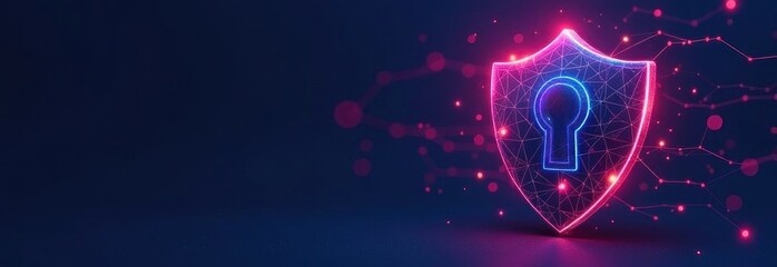 Poster - Glowing shield protecting keyhole symbolizing digital security in cyberspace