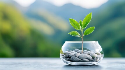 Wall Mural - Young plant growing in glass bowl, mountains background, nature concept, eco-friendly image