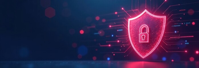 Poster - Glowing padlock and shield protecting data in cyberspace