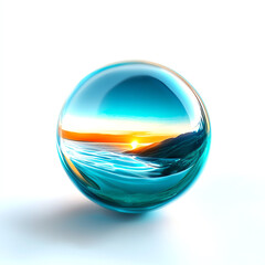 a visually stunning glass sphere reflecting a serene ocean sunset. the vibrant colors blend harmonio