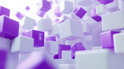 Poster - white and violet flying cubes and boxes in in front of white background abstract 3 render illustration