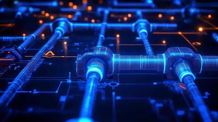 Poster - futuristic digital pipeline network with glowing blue nodes and connections.