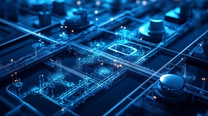 Poster - futuristic digital circuit board with glowing nodes and connections.