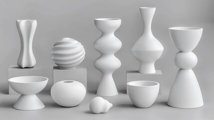 Poster - Collection of minimalist white ceramic vases and sculptures on gray background.