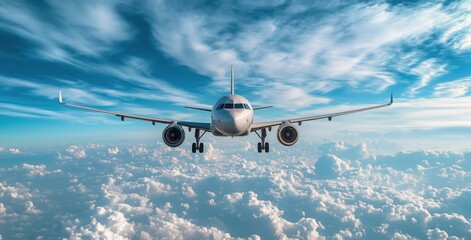 Wall Mural - Airplane flying above fluffy clouds in a bright blue sky during daytime