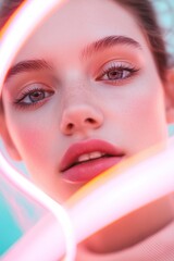 Poster - A young woman gazes closely at the viewer as soft light trails swirl around her, adding movement and energy. The colors blend harmoniously, enhancing her natural beauty during a creative photoshoot