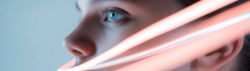 Poster - A captivating portrait features a subject with piercing blue eyes, while swirling abstract light trails add a sense of dynamic movement against a calm backdrop