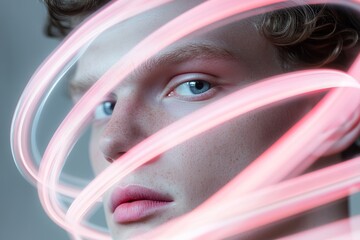 Poster - A close-up of a young person with textured skin and captivating blue eyes, surrounded by dynamic abstract light trails that create a sense of motion and intrigue