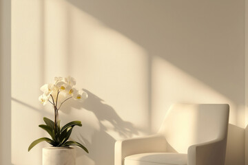 Wall Mural - Warm interior with a soft-lit orchid and a modern white chair