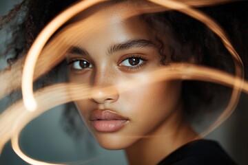 Poster - Captivating portrait showcases a young person with curly hair and striking features, enhanced by abstract light trails that swirl around, creating a dynamic effect and a sense of movement