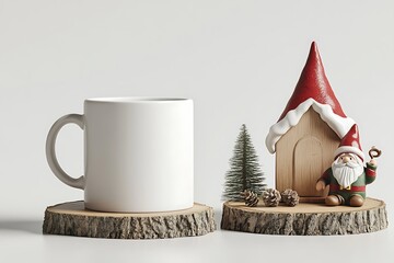 Wall Mural - White mug and gnome on wooden slice.