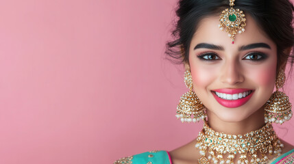 Wall Mural - Graceful portrait of a smiling woman in traditional jewelry and attire against a pink background