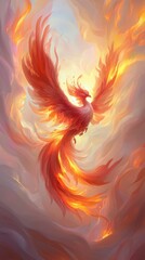 Poster - Mystical phoenix soars through flames chinese brush painting artistic vibrant dynamic viewpoint