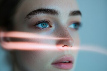 Poster - A close-up portrait captures a young individual with striking blue eyes and gentle freckles. Subtle lens distortions create a unique, futuristic effect while maintaining sharp detail of the subject