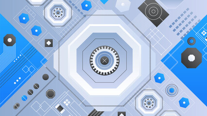 Poster - tech geometric background. abstract background with geometric shapes and circuit patterns in blue-gr