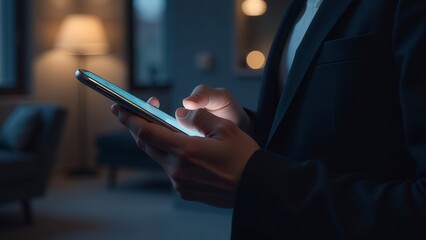 Poster - Businesswoman using smartphone in dimly lit living room at night