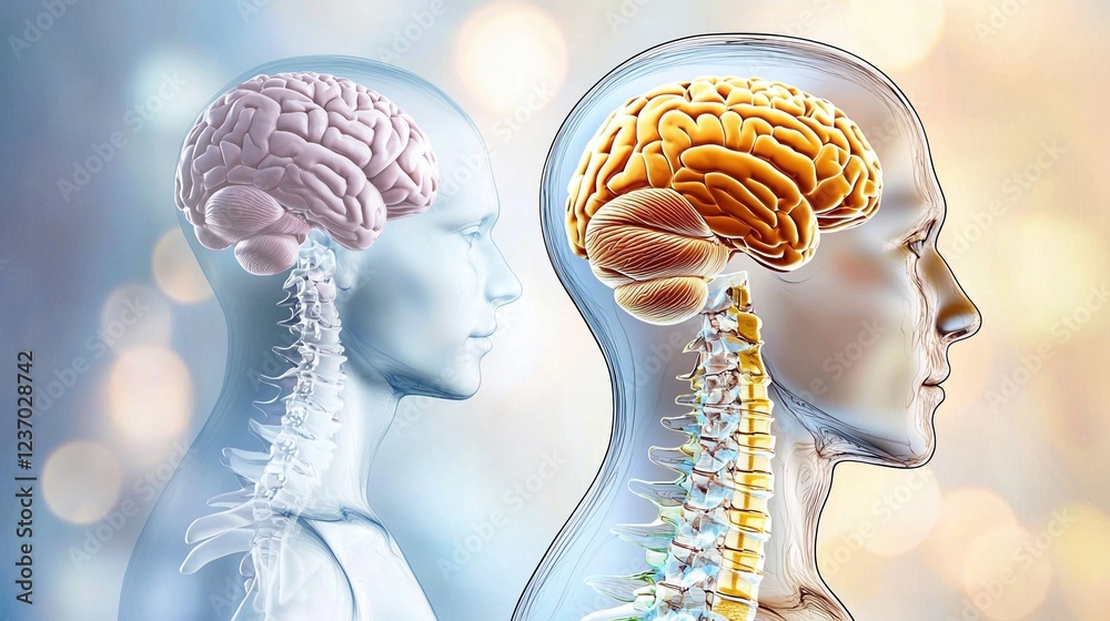 Detailed X-ray illustration of the human brain and spine anatomy for ...