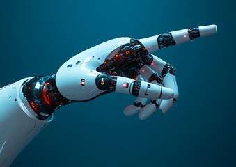 Poster - Futuristic robotic hand pointing, showcasing intricate mechanical details against a teal backdrop.