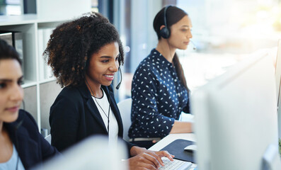 Fototapete - Business people, help desk and women in office, call centre and headset with conversation. Group, employees and sales consultant in workplace, computer and friendly service with ecommerce and crm