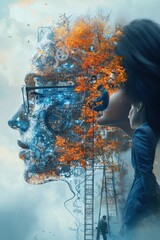 Poster - Person Working on Large Futuristic Robotic Head in Artistic Illustration