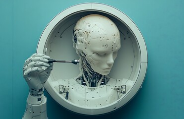 Poster - A robotic head inside a circular device, holding a small tool.