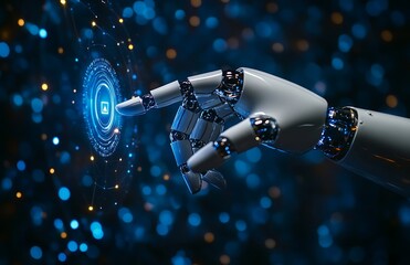 Poster - Robotic hand interacting with a futuristic interface.