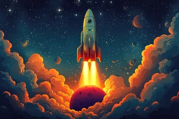 Wall Mural - vivid rocket launch with cosmic background and colorful rising clouds