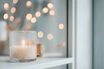 Poster - A candle rests on a sleek shelf, surrounded by a frosted glass effect and warm, blurred light. The warm glow enhances the tranquility of the contemporary space