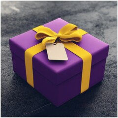 Wall Mural - Purple gift box with yellow ribbon and blank tag on dark background