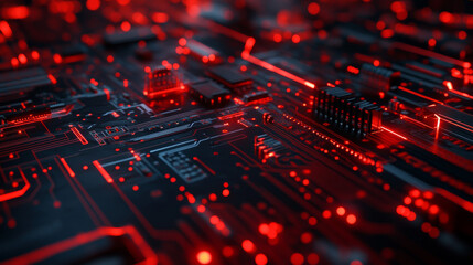 Poster - computer micro high technology hardware circuit board with red lighting 3d render illustration