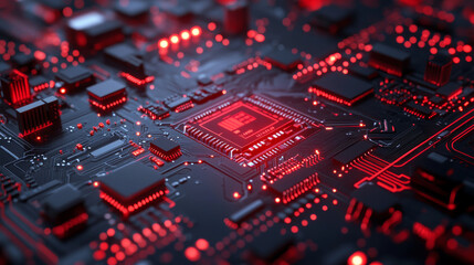 Poster - computer micro high technology hardware circuit board with red lighting 3d render illustration