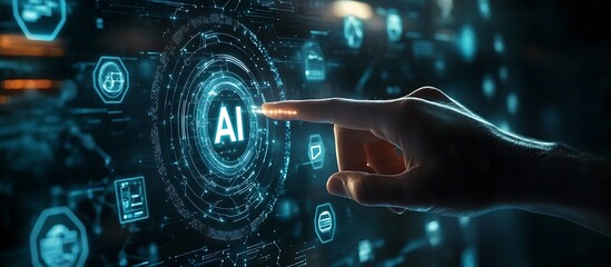 Poster - Hand interacts with futuristic AI interface, activating artificial intelligence technology.