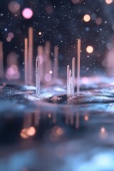 Poster - Tiny light particles appear to float gracefully in a vast space, illuminated softly. Lens distortion enhances the depth, creating an enchanting atmosphere that invites exploration