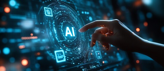 Aufkleber - Hand interacting with AI interface on futuristic screen.