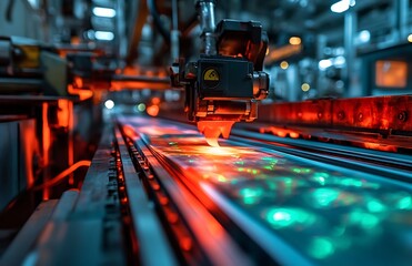 Poster - Close-up of industrial manufacturing process, showcasing a robotic arm applying a glowing substance onto a moving surface.