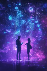 Poster - Futuristic data management concept with glowing servers and two professionals collaborating