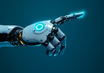 Poster - Futuristic robotic arm pointing, glowing blue accents against dark teal background.