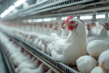 White chicken in a poultry farm cage