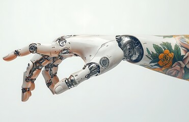 Poster - Robotic arm with floral tattoo, gesturing.